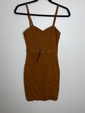 Guess Spaghetti-Strap Belted Mini Dress - Warm Brown bodycon knit size small